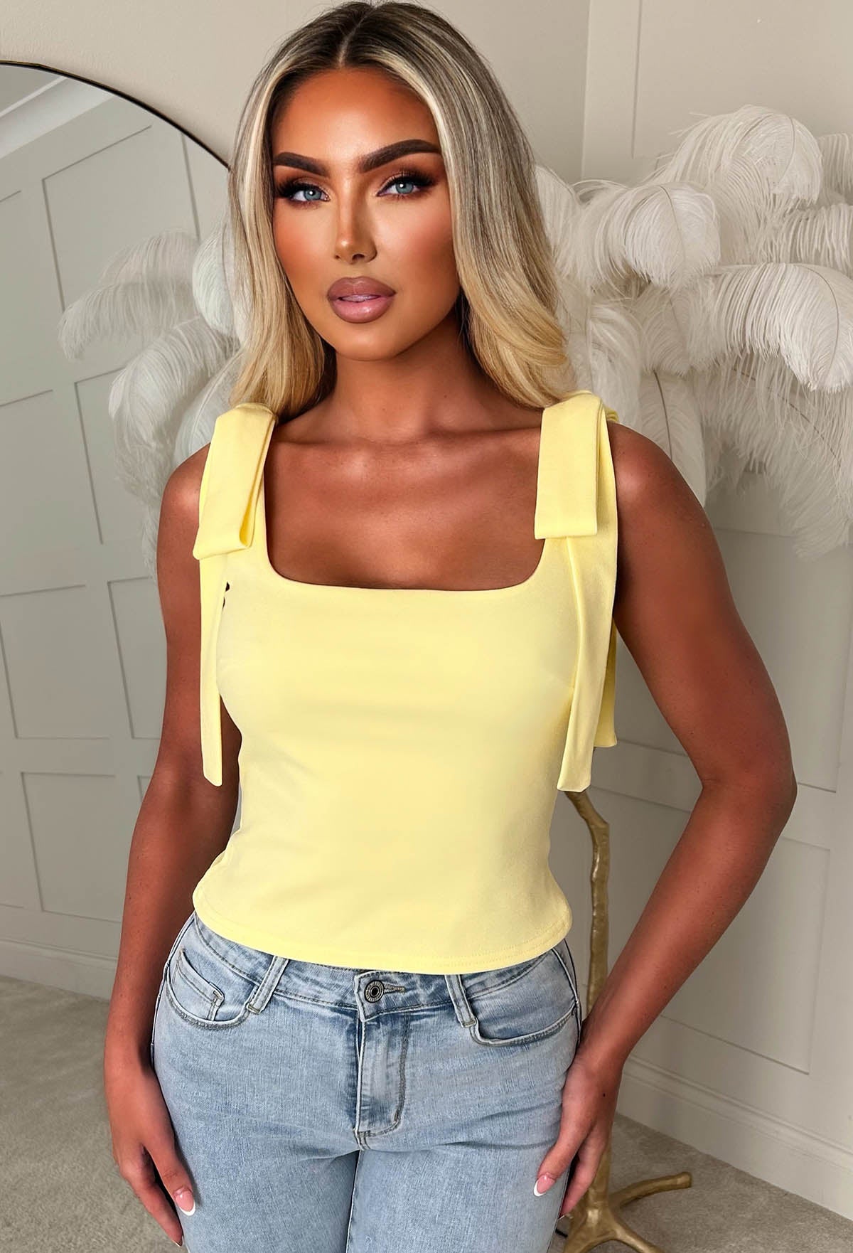 Tied Temptress Yellow Bow Shoulder Top