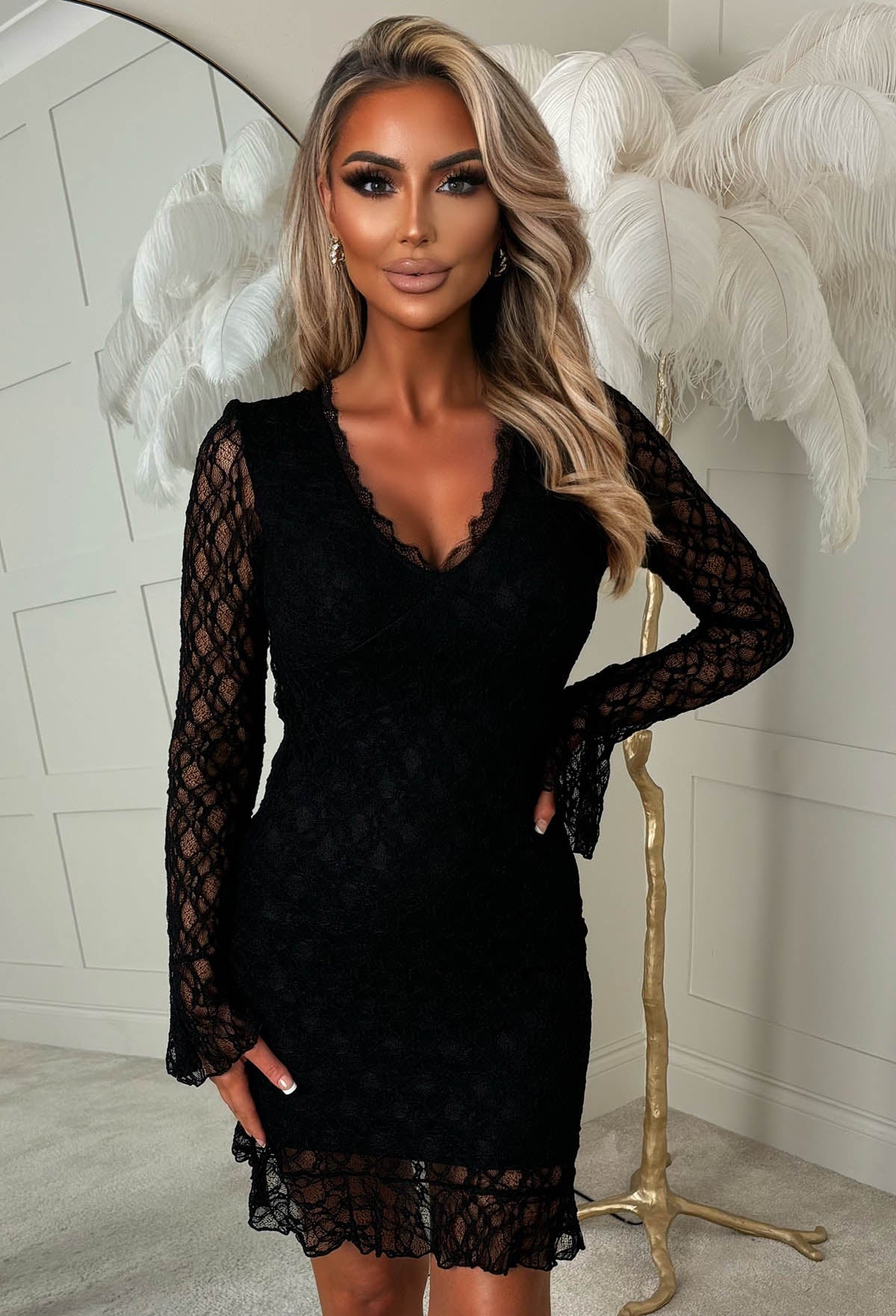 Timeless Grace Black Lace Long Sleeve Mini Dress