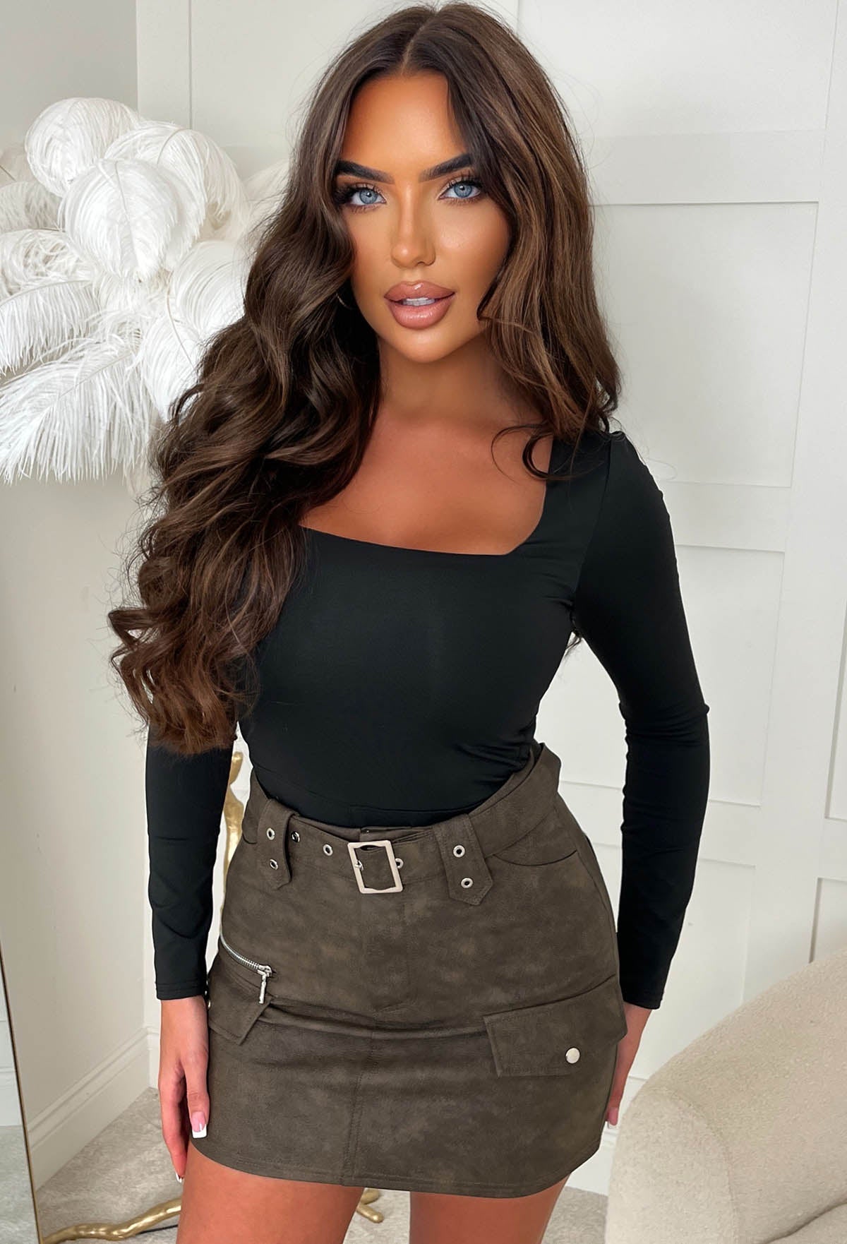 Too Cool For You Brown Distressed Faux Leather Belted Cargo Skirt