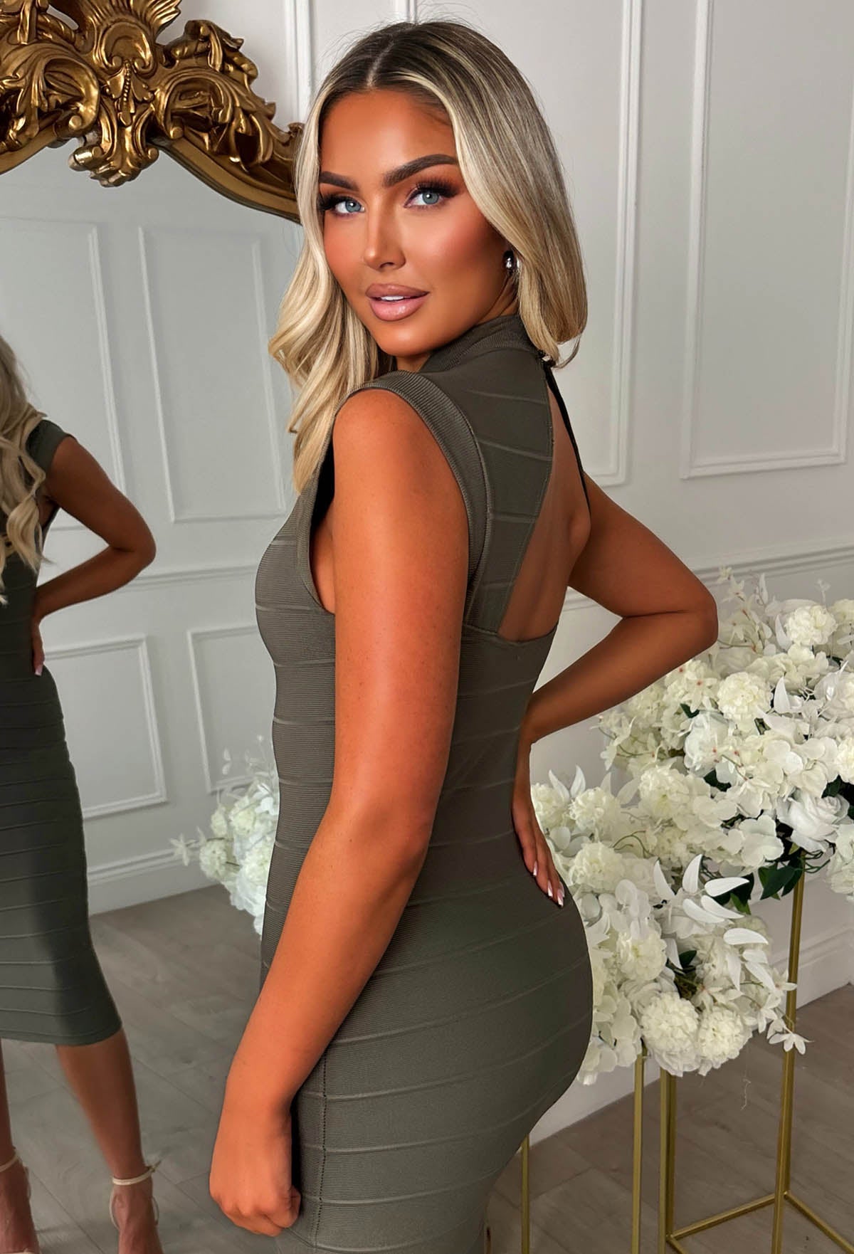 Touch Of Sass Khaki Bandage Effect High Neck Midi Dress