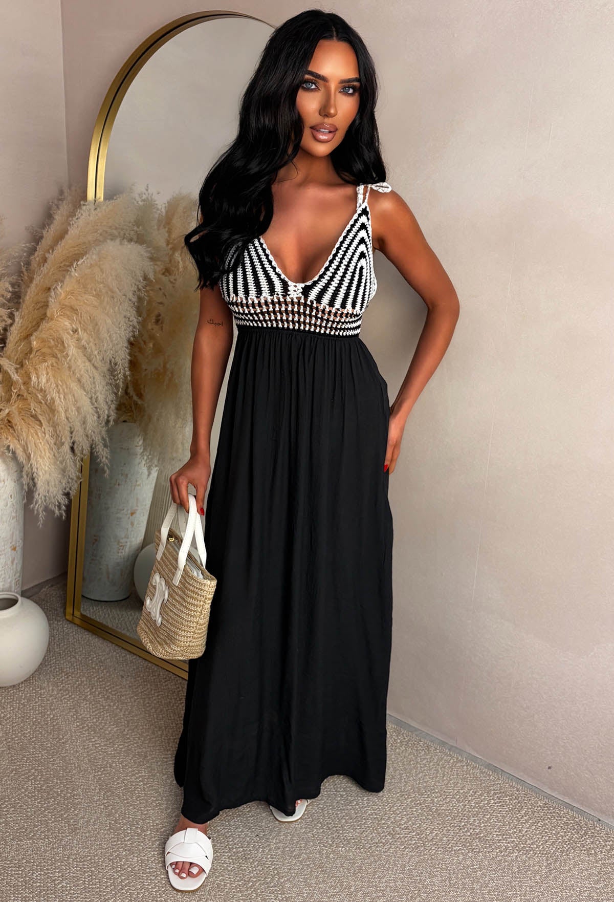 Tropical Dreaming Black Pattern Crochet Knit Maxi Dress