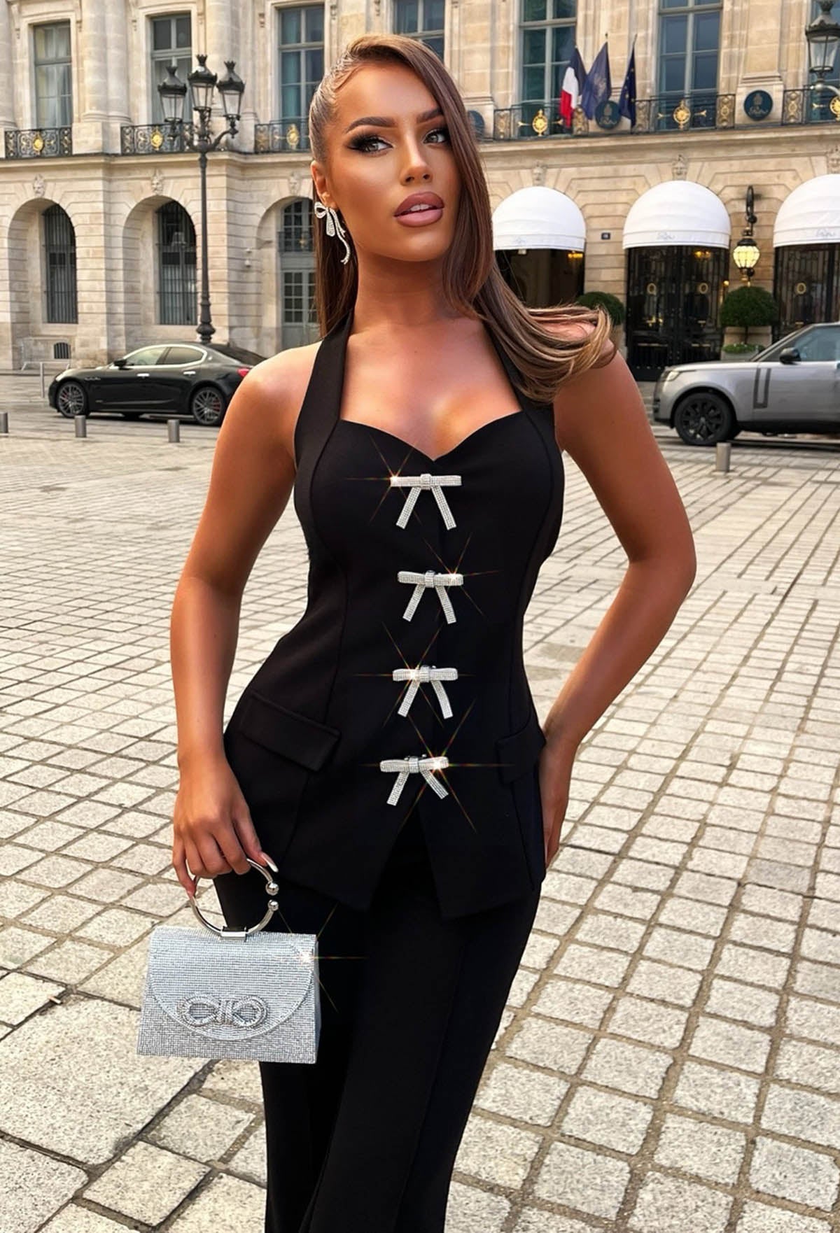 True Whisper Black Halterneck Bow Button Tailored Top