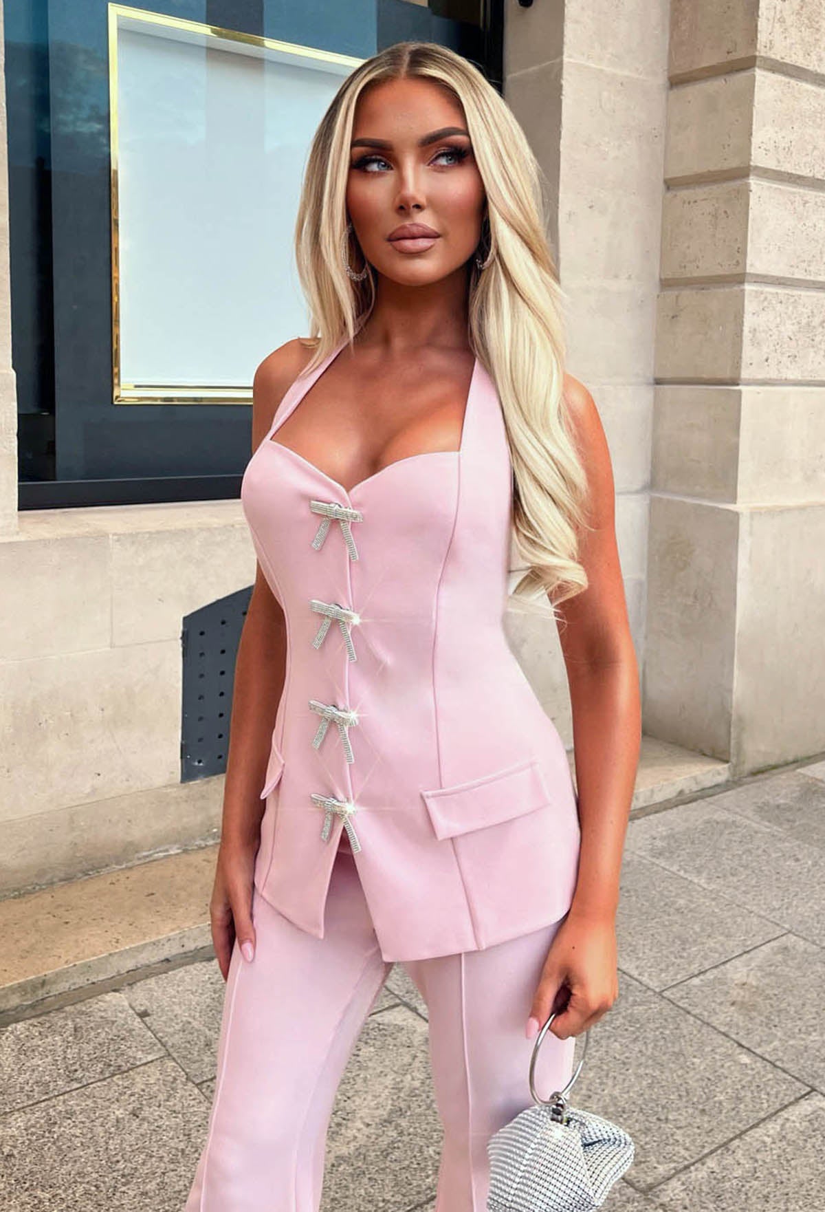 True Whisper Pink Halterneck Bow Button Tailored Top