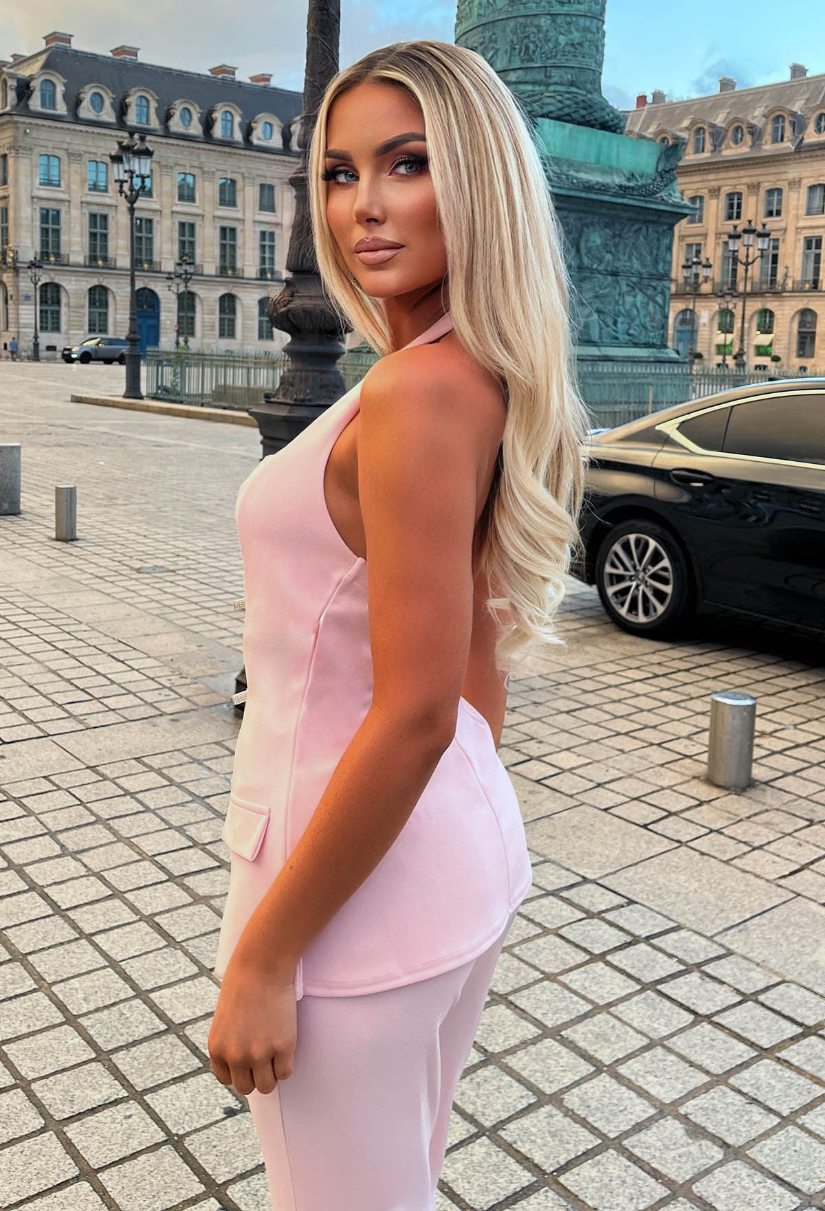 True Whisper Pink Halterneck Bow Button Tailored Top