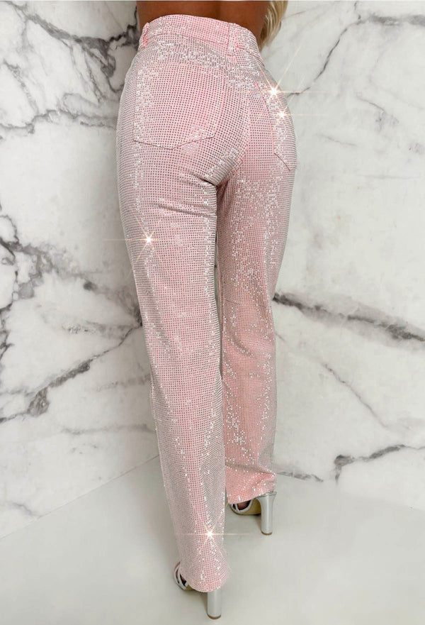 Ultimate Sparkle Pink Straight Leg Stretch Diamante Jeans | Pink ...
