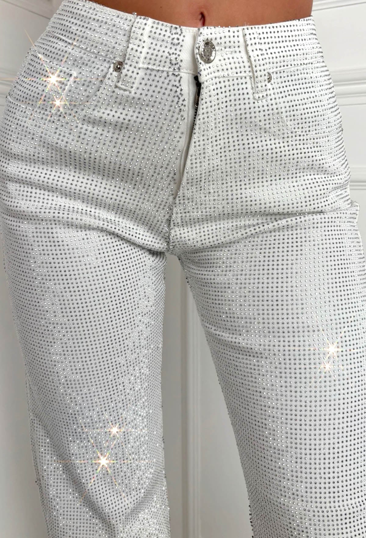 Womens Jeans White Diamante Jeans Diamante Cuff Hem Jean