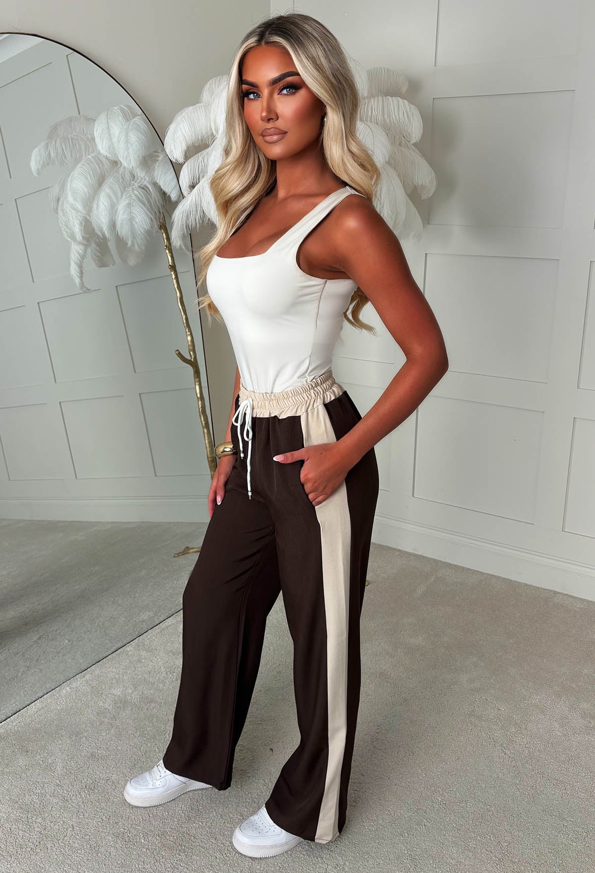 Urban Stripe Brown Elasticated Wide Leg Side Stripe Trousers