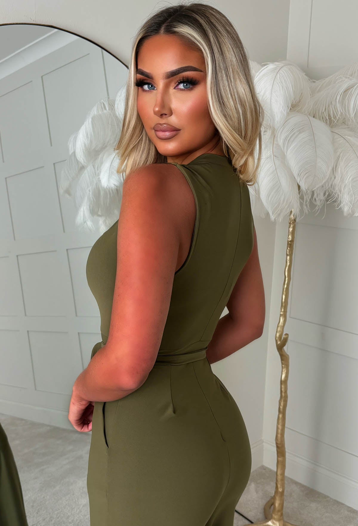 Vacay Tease Khaki Cross Front Belted Jumpsuit