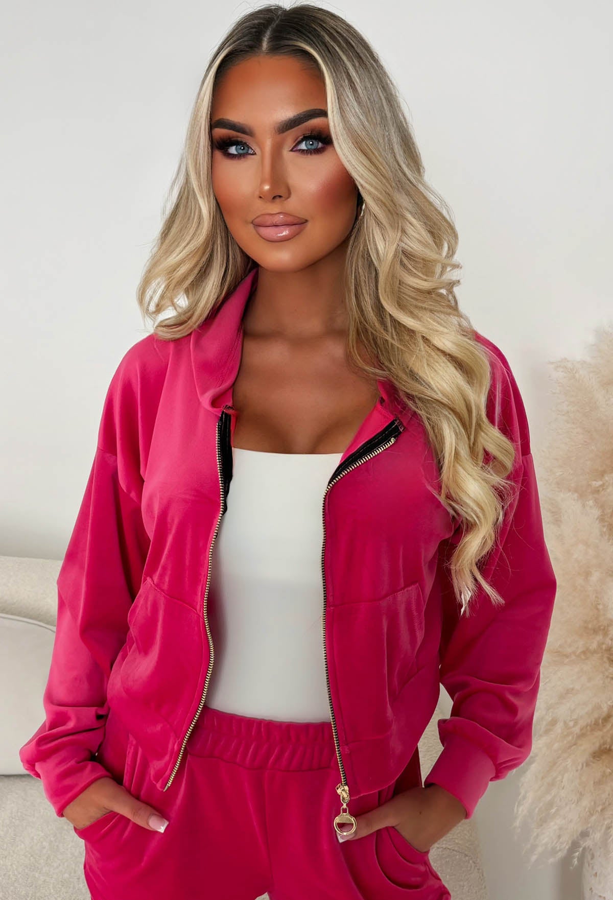 Velour Bliss Hot Pink Zip Up Lounge Co-Ord Set