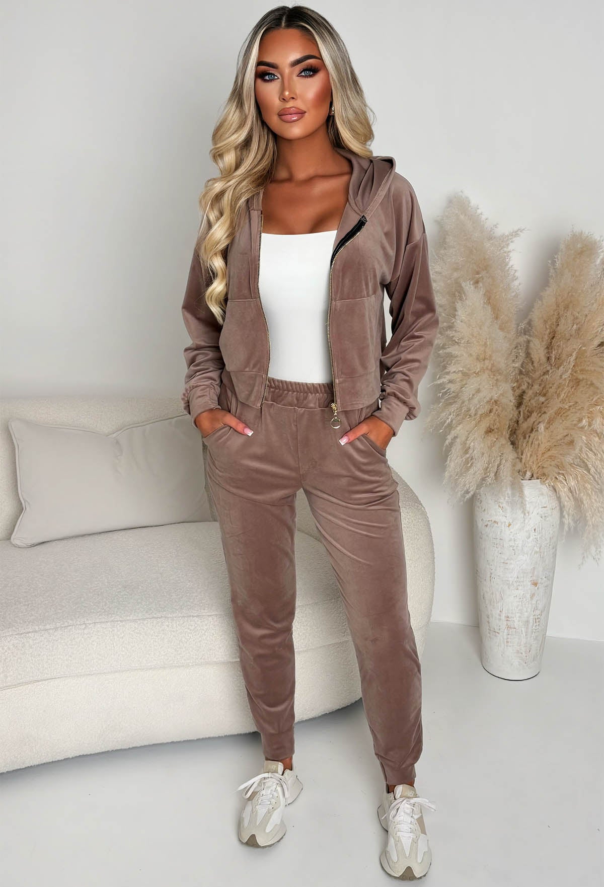 Velour Bliss Mocha Zip Up Lounge Co-Ord Set