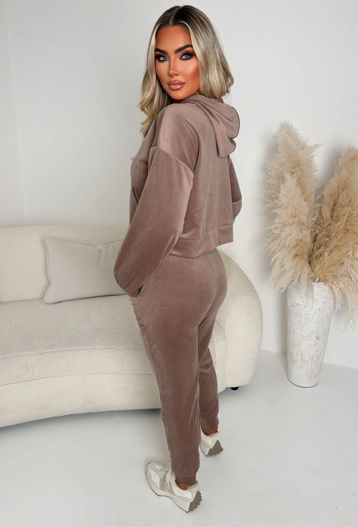 Velour Bliss Mocha Zip Up Lounge Co-Ord Set | Pink Boutique