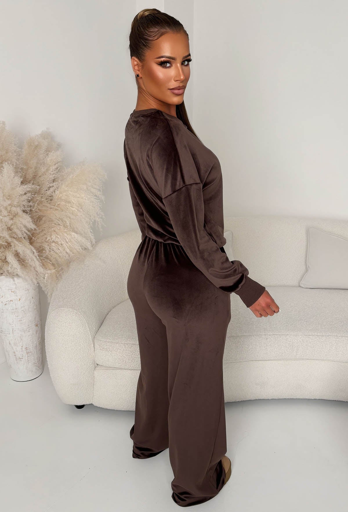 Velour Vibing Chocolate Brown Paris Embroidered Velour Lounge Co-Ord Set