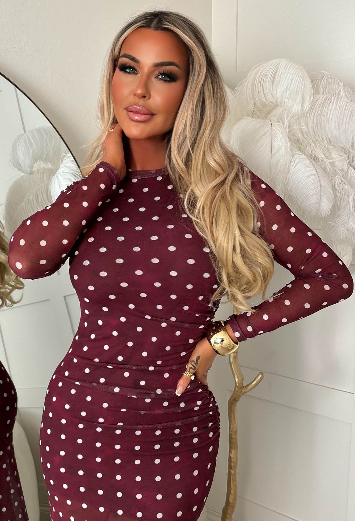 Venus Vibes Burgundy Spot Ruched Side Midi Dress