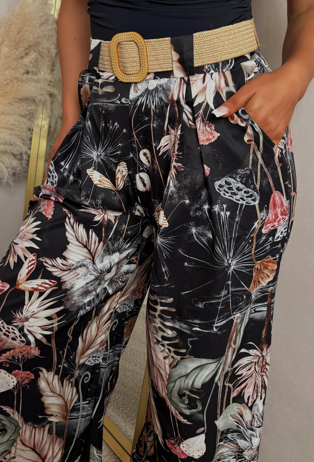 Verona Black Printed Belted Wide Leg Trousers