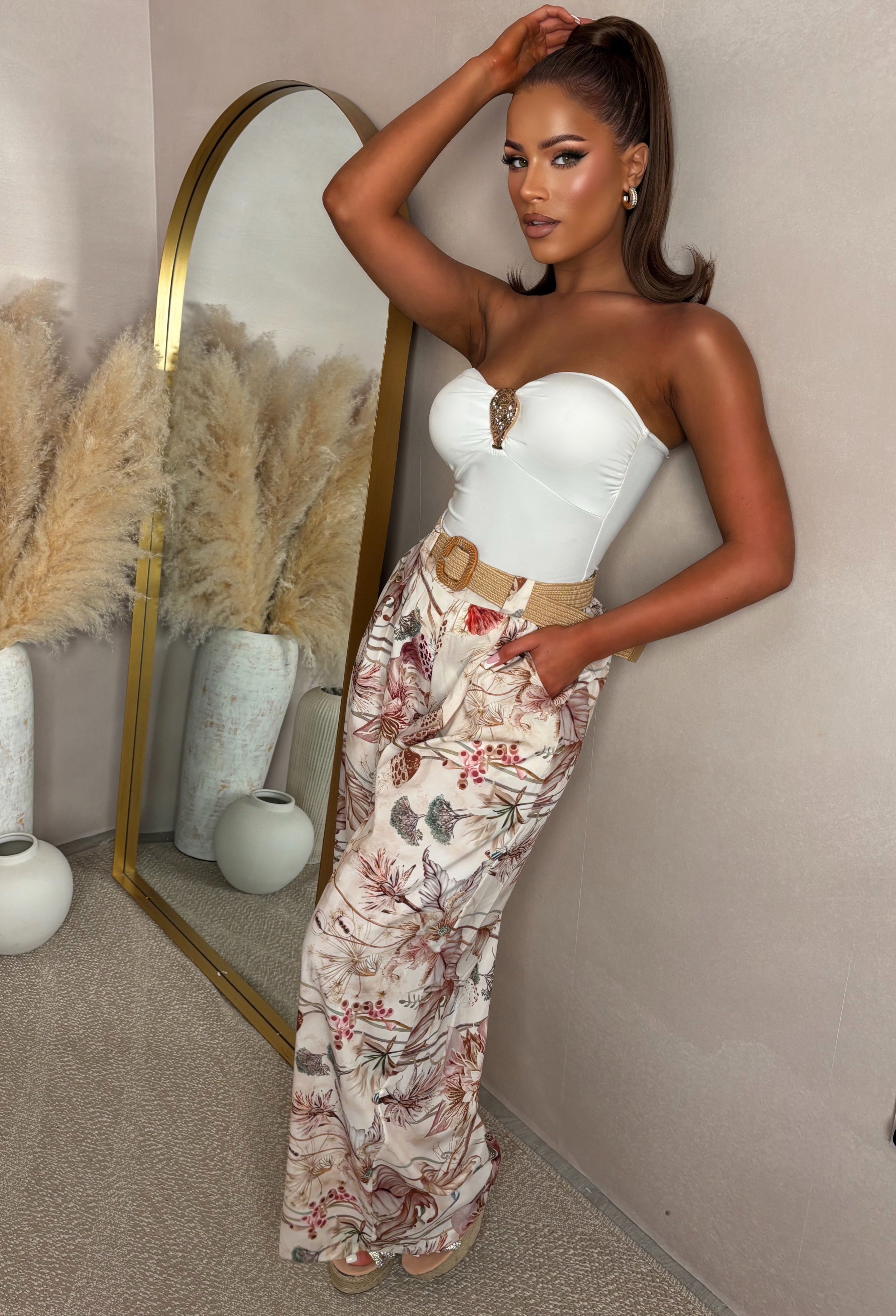 Stone Printed Belted Wide Leg Trouser Full Length Front Shot