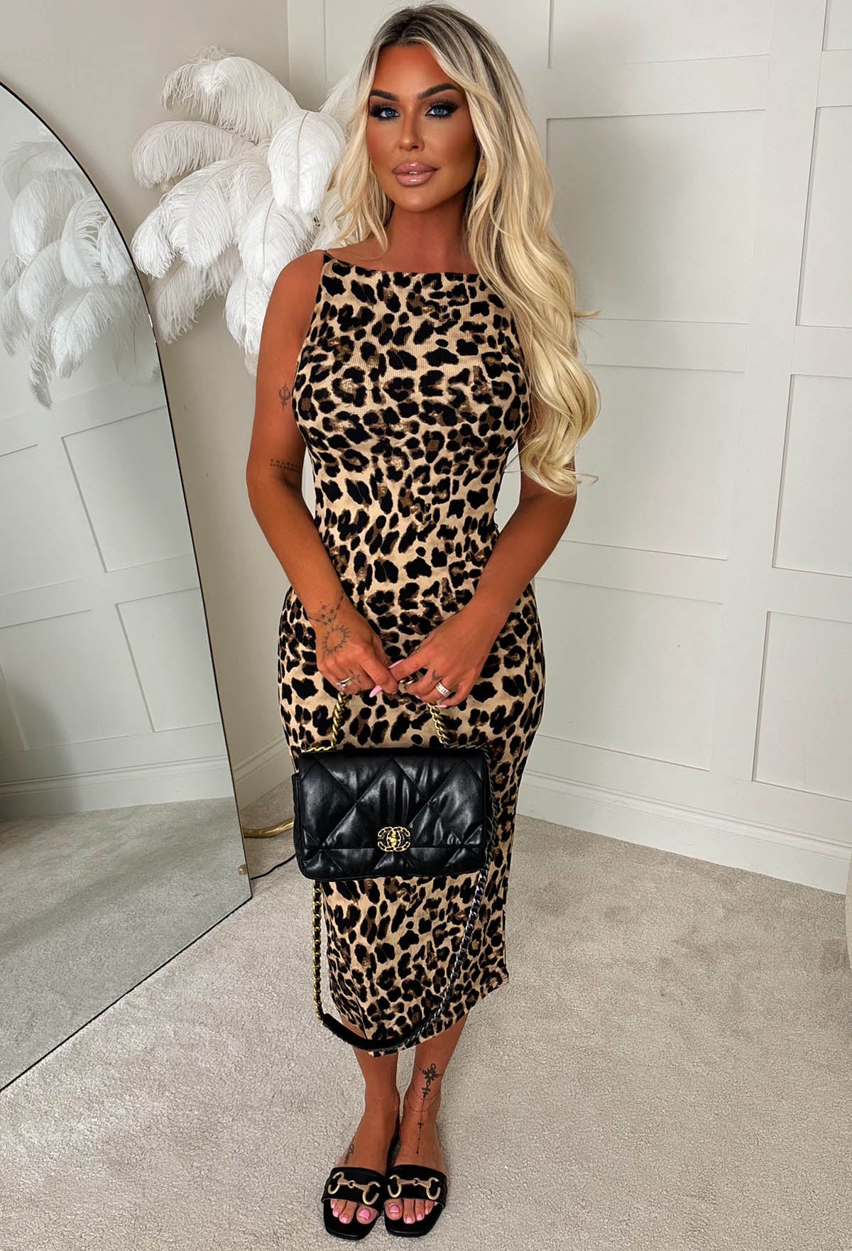 Brown Leopard Ribbed Midi Dress