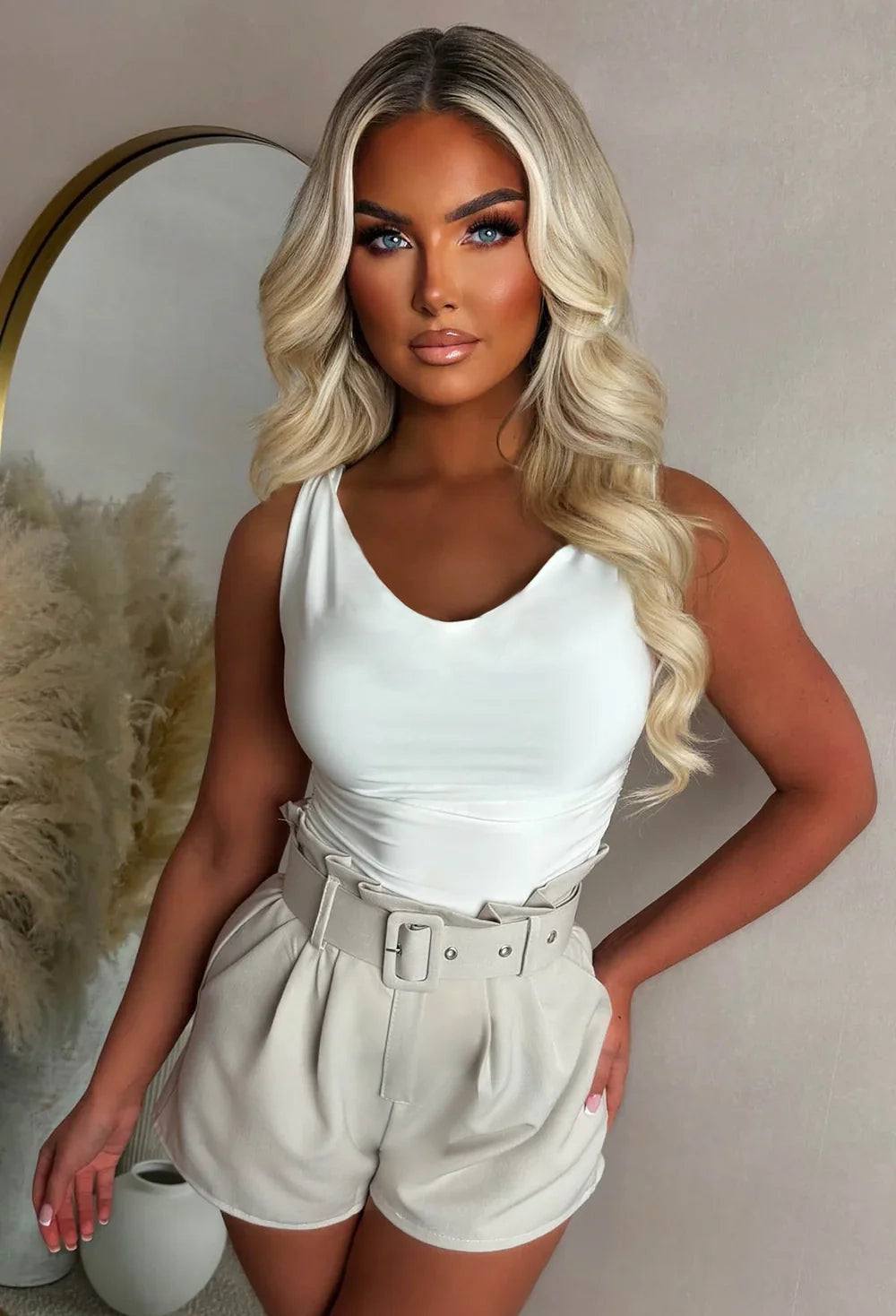 Vibe With Me Nude Frill Top Belted Shorts