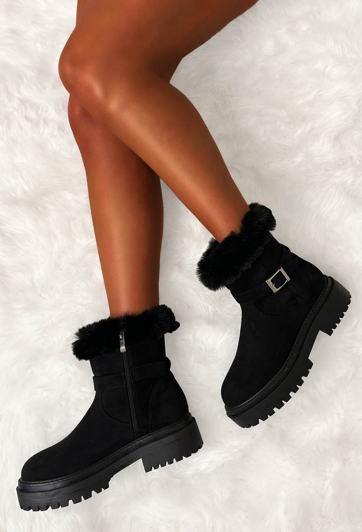 Walk On By Black Faux Suede Chunky Strap Boots