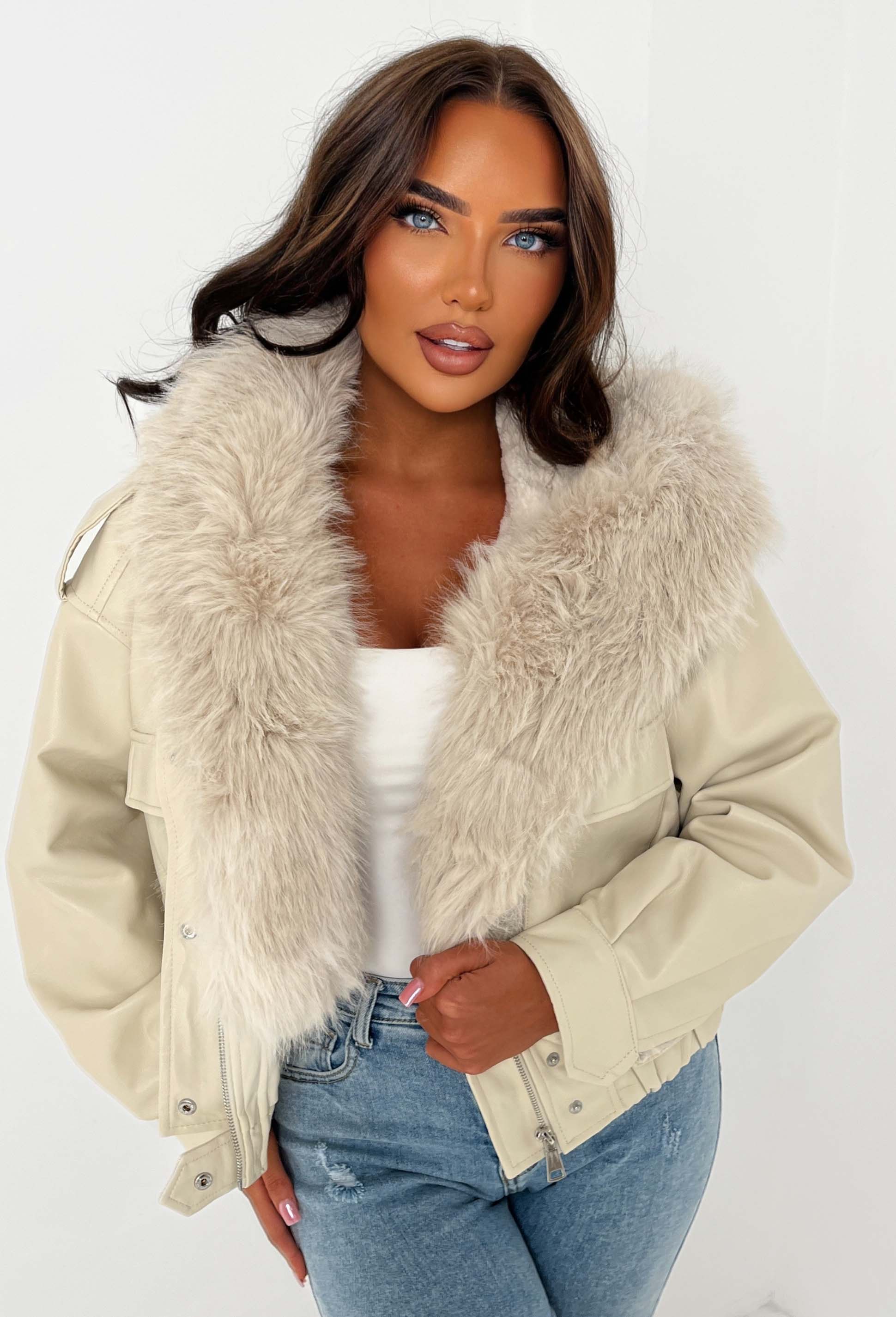 Warm Feelings Stone Faux Fur Collared Faux Leather Jacket