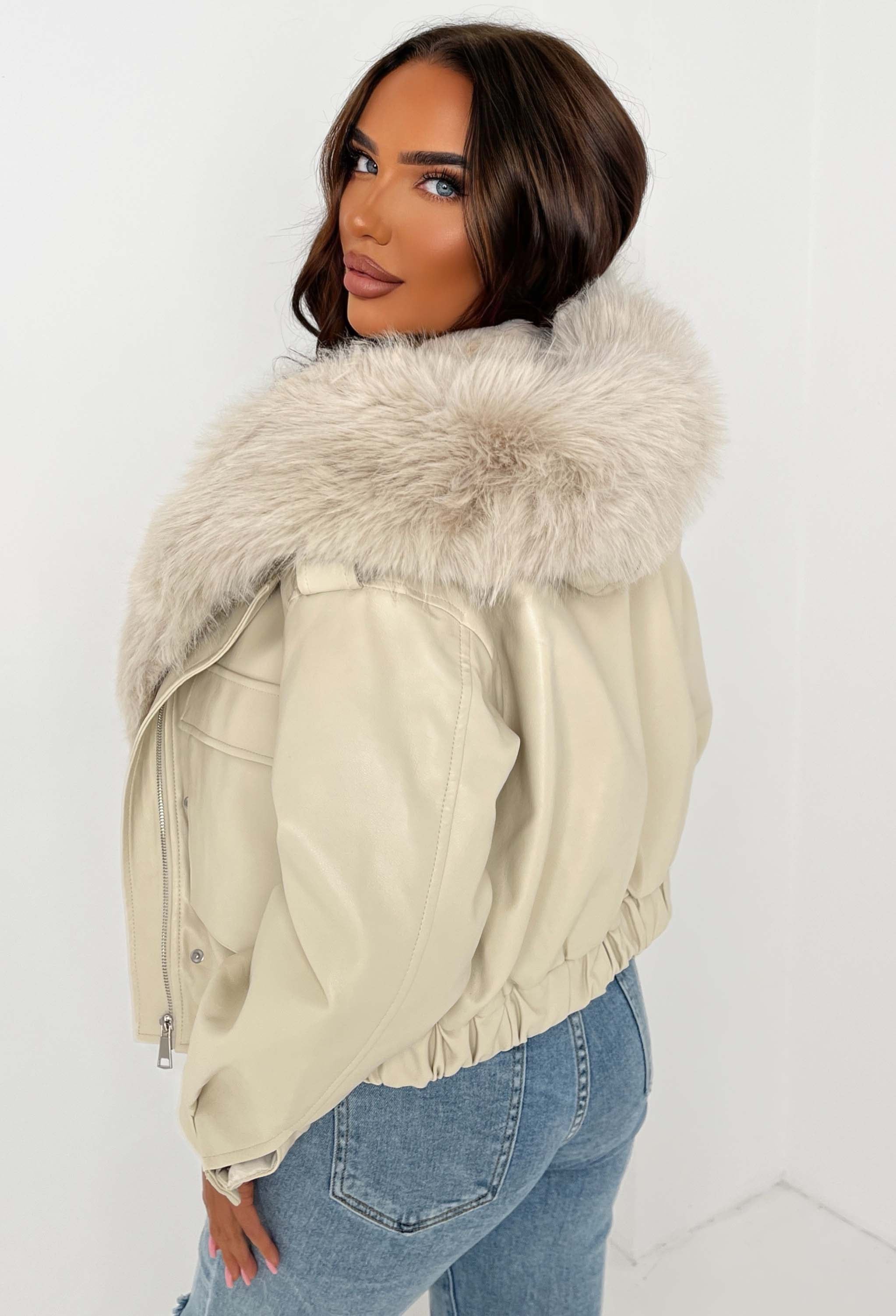 Warm Feelings Stone Faux Fur Collared Faux Leather Jacket