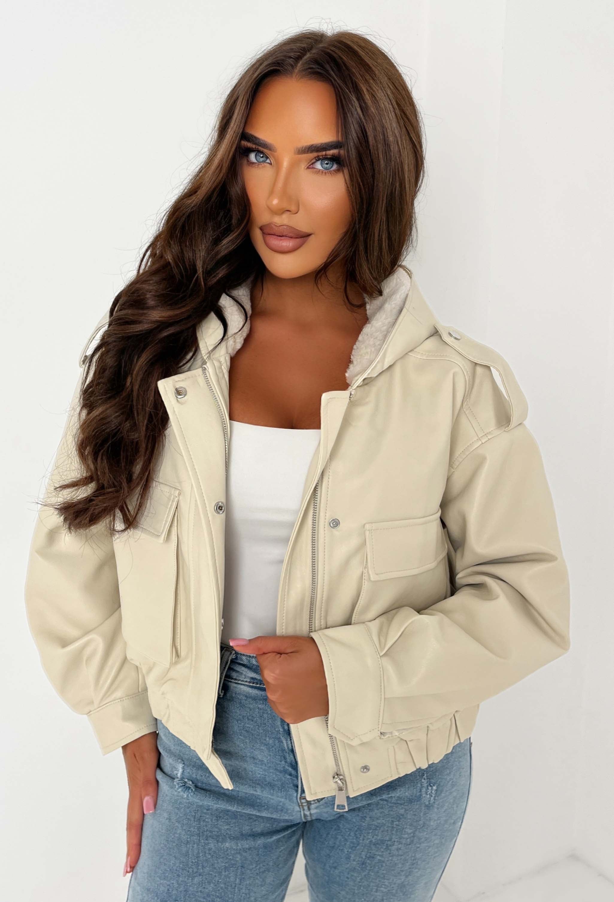 Warm Feelings Stone Faux Fur Collared Faux Leather Jacket