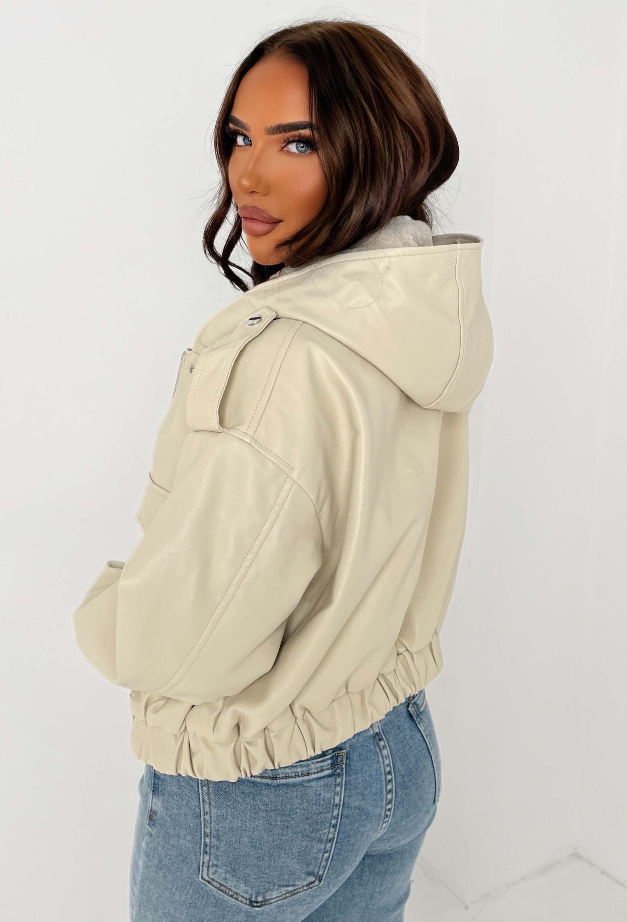 Warm Feelings Stone Faux Fur Collared Faux Leather Jacket