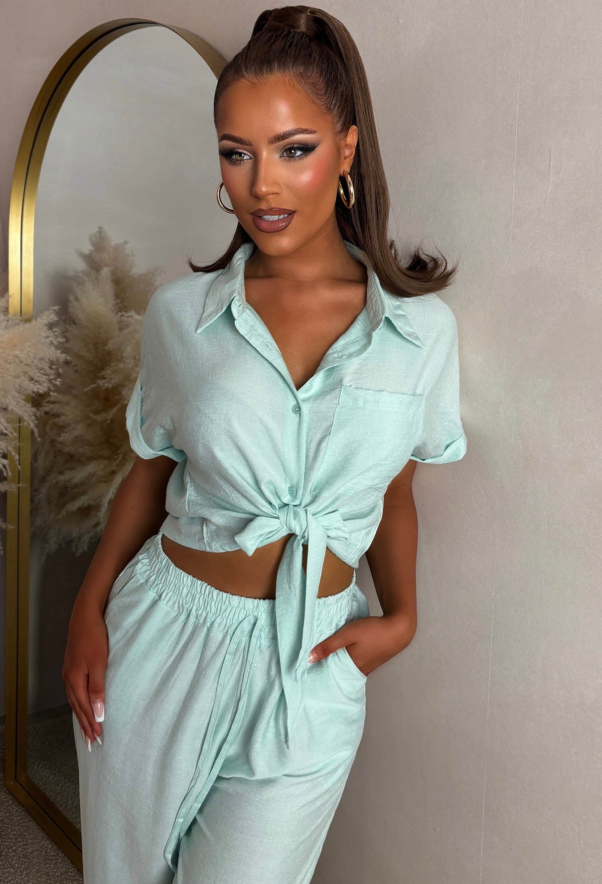 Green Cropped Tie Shirt And Trouser Co-Ord Set Close Up