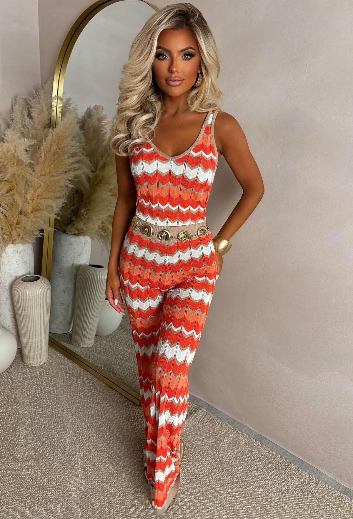 Whispering Sands Orange Knitted Zig Zag Vest Top And Trouser Co-Ord Set