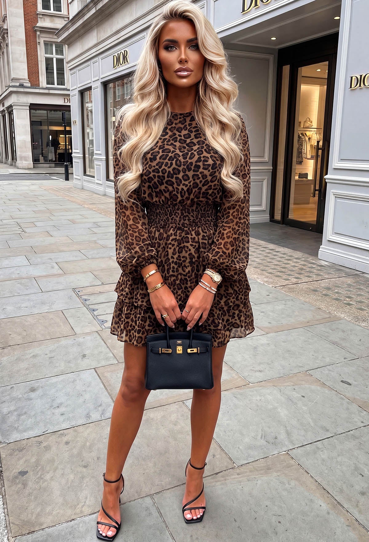 Wild Daydream Leopard Printed Shirred Waist Chiffon Ruffle Mini Dress