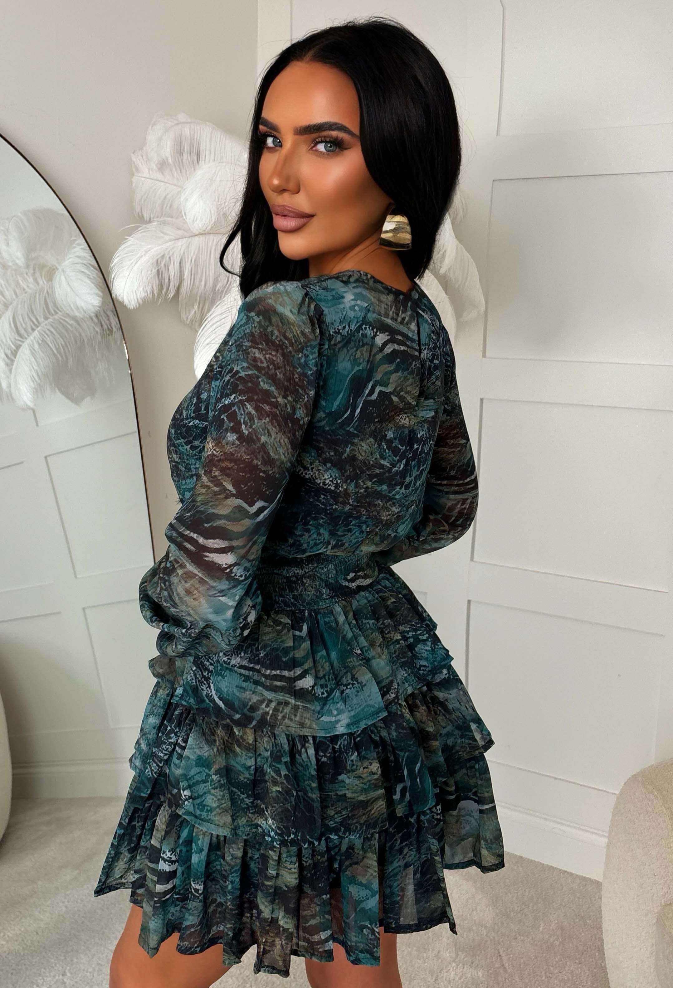 Wild Daydream Green Abstract Printed Shirred Waist Chiffon Ruffle Mini Dress