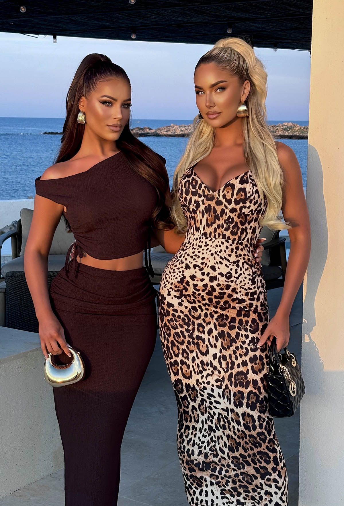 Model Duo Wearing Brown Seamed Bust Detail Leopard Print Midaxi Dress
