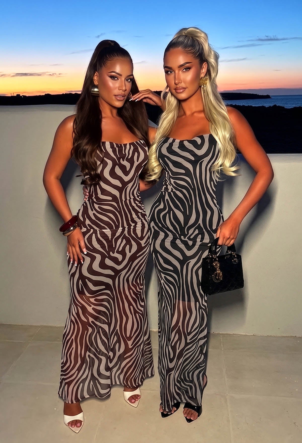Model Duo In Holiday Villa Wearing Black Zebra Print Mesh Maxi Dress Full Length Front View