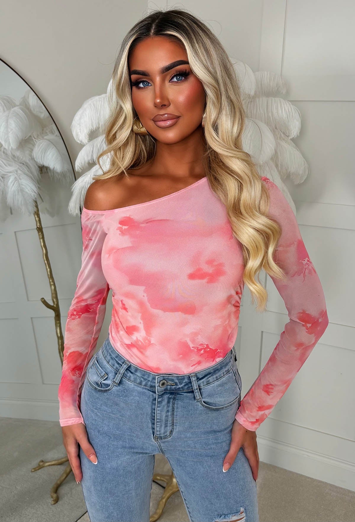 Wild Rush Pink Marble Ruched Side Off Shoulder Mesh Top