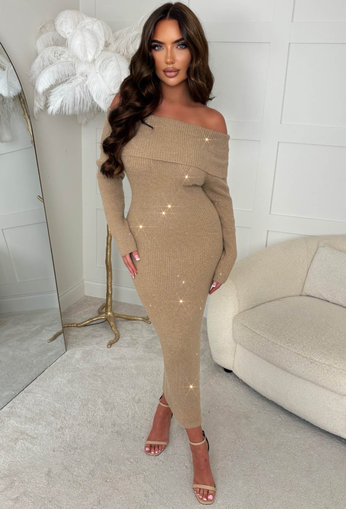 Wild Whisper Beige Sequin Knitted Bardot Midaxi Dress With Leg Split