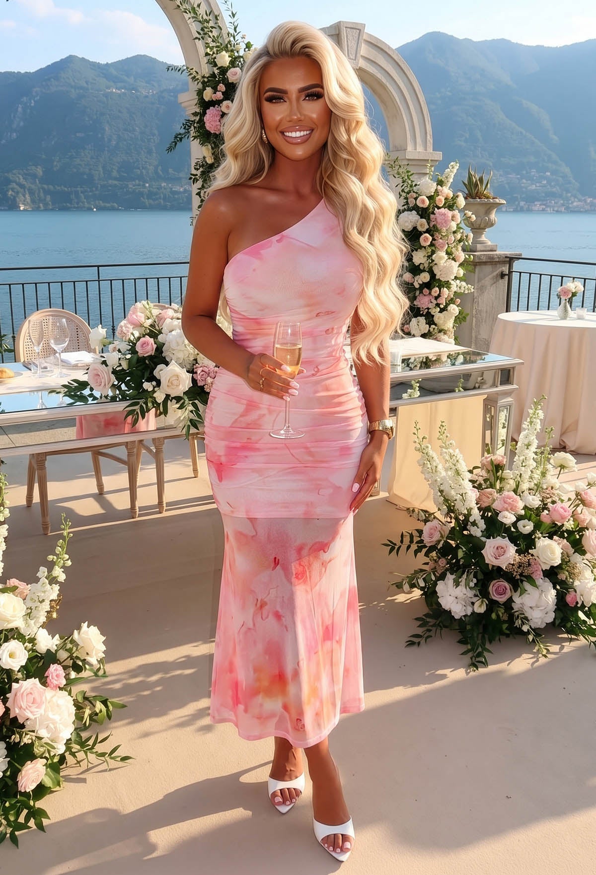 One Shoulder Pink Marble Print Mesh Midaxi Dress Full Length Wedding Occasion Look 
