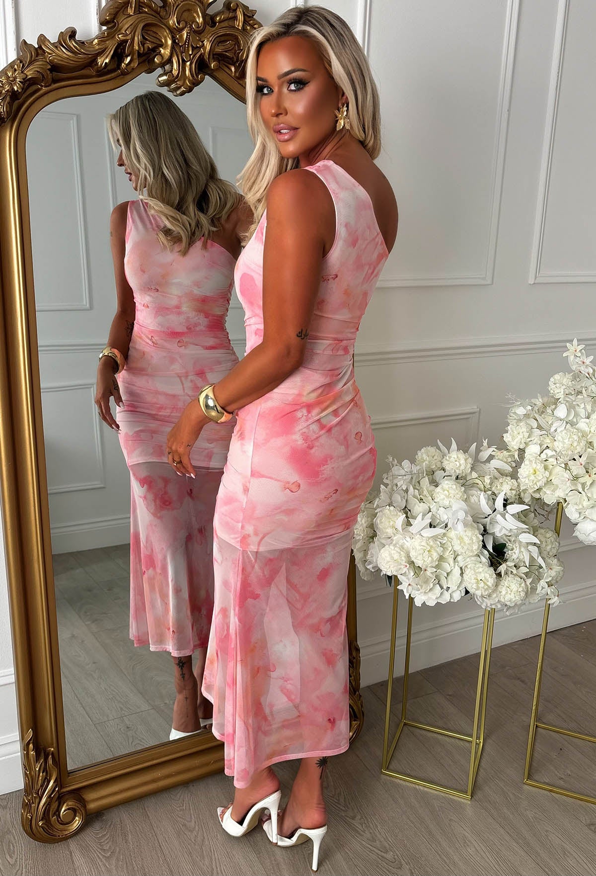 One Shoulder Pink Marble Print Mesh Midaxi Dress Full Length Back View