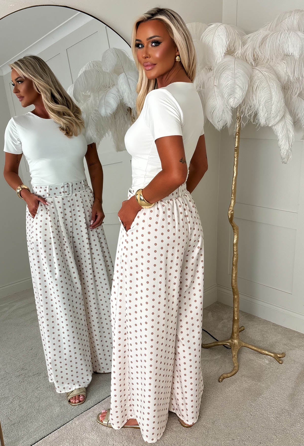 Willow Cream Polka Dot Wide Leg Belted Trousers
