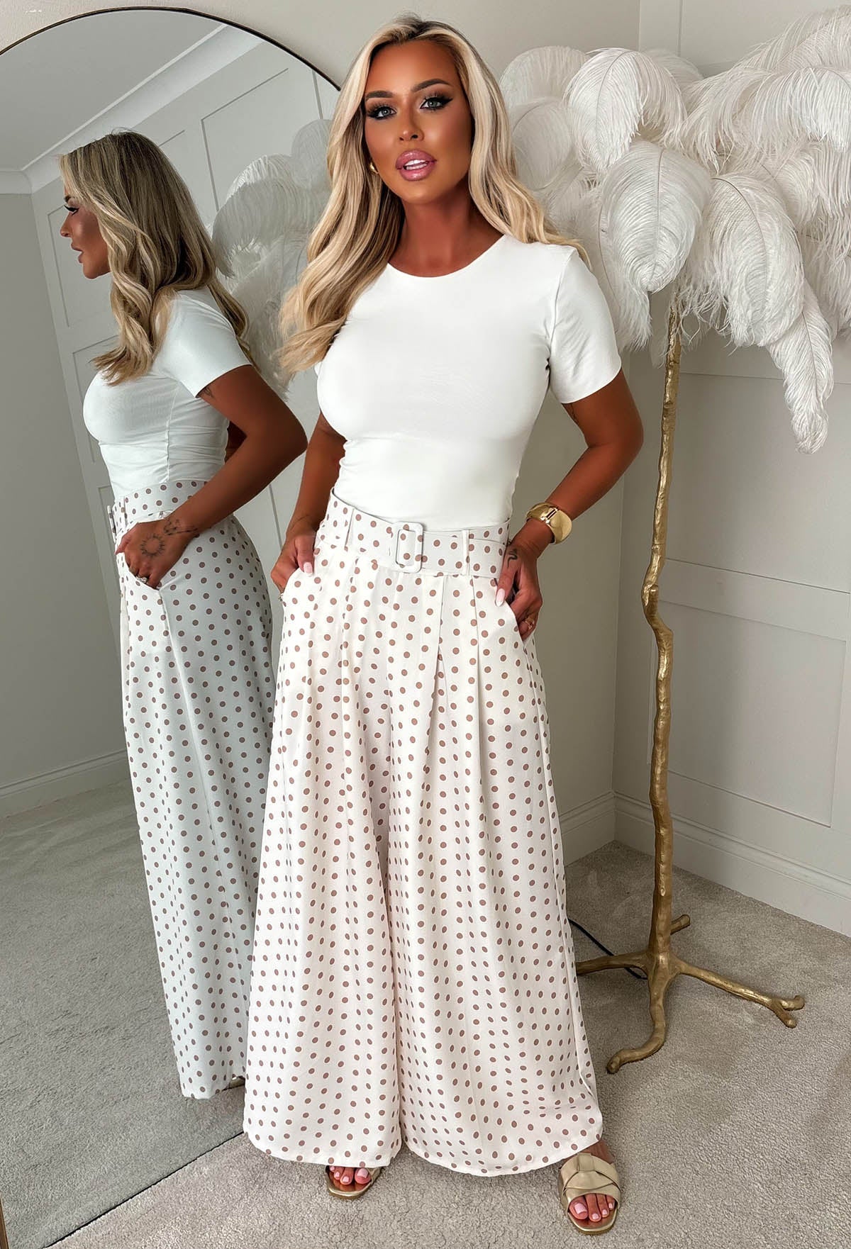 Willow Cream Polka Dot Wide Leg Belted Trousers