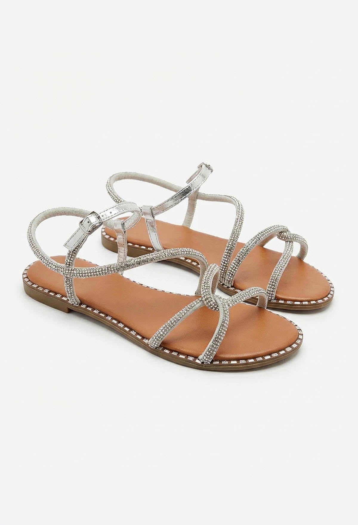 Wrapped In Diamonds Silver Embellished Flat Sandals