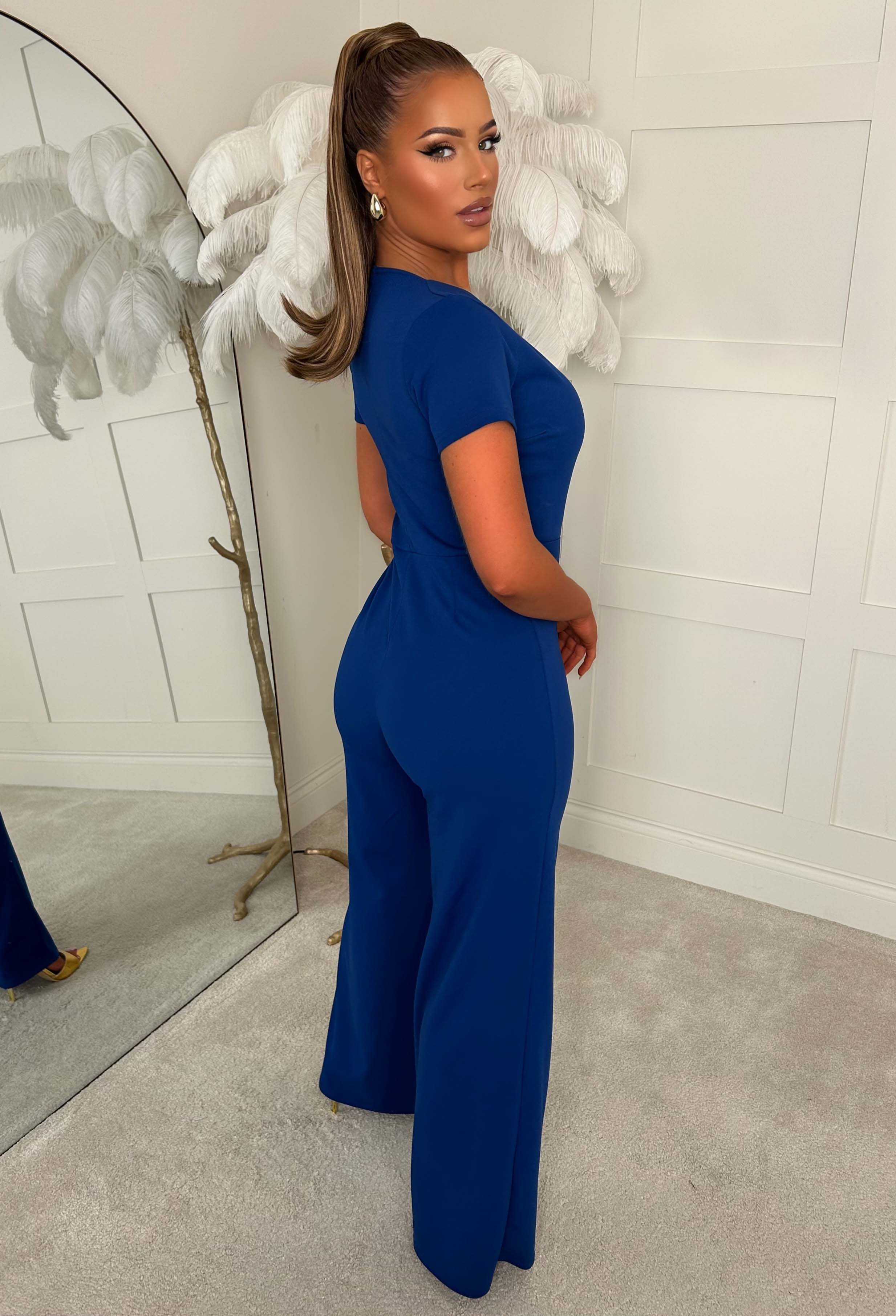 You Slay Girl Cobalt Gold Button Short Sleeve Jumpsuit