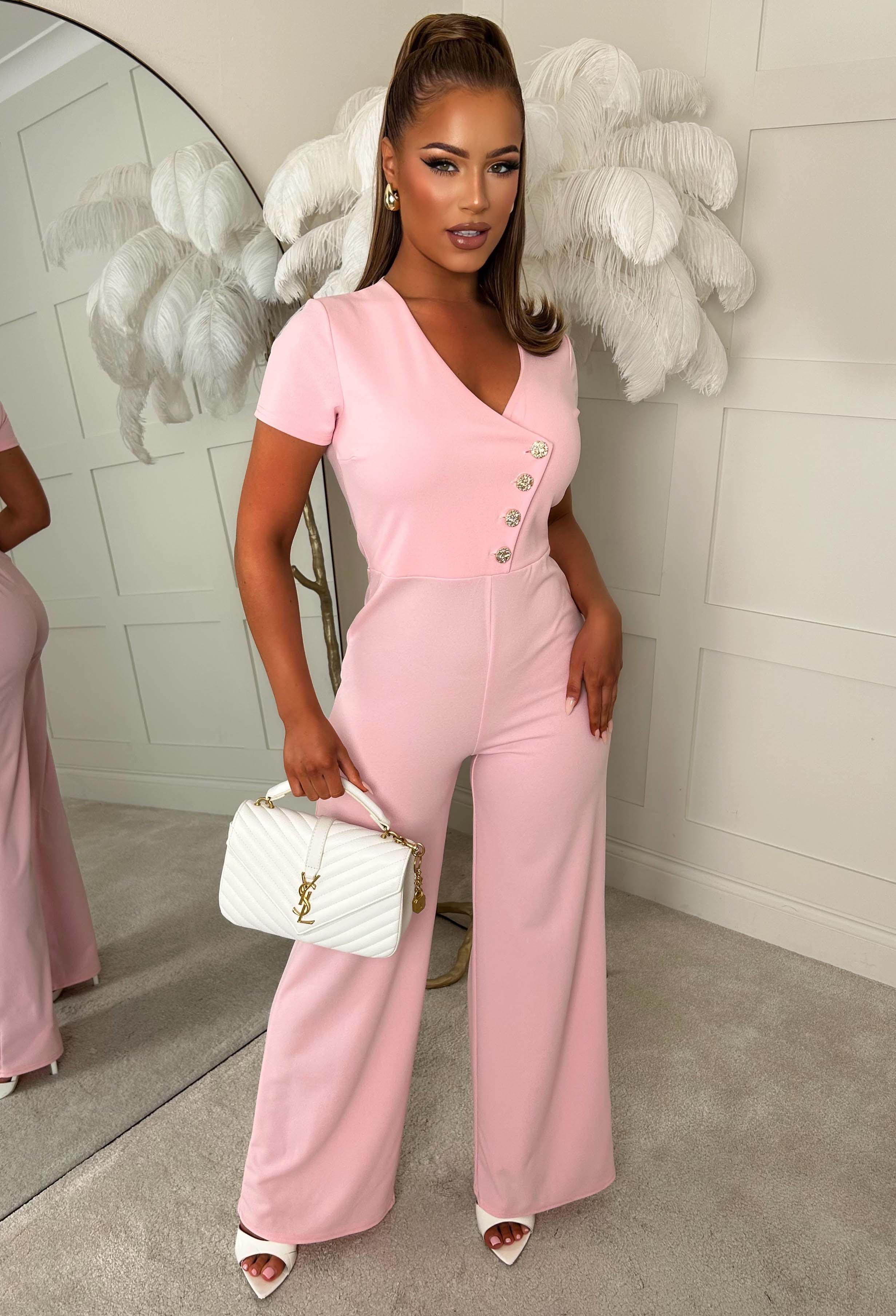 You Slay Girl Pink Gold Button Short Sleeve Jumpsuit