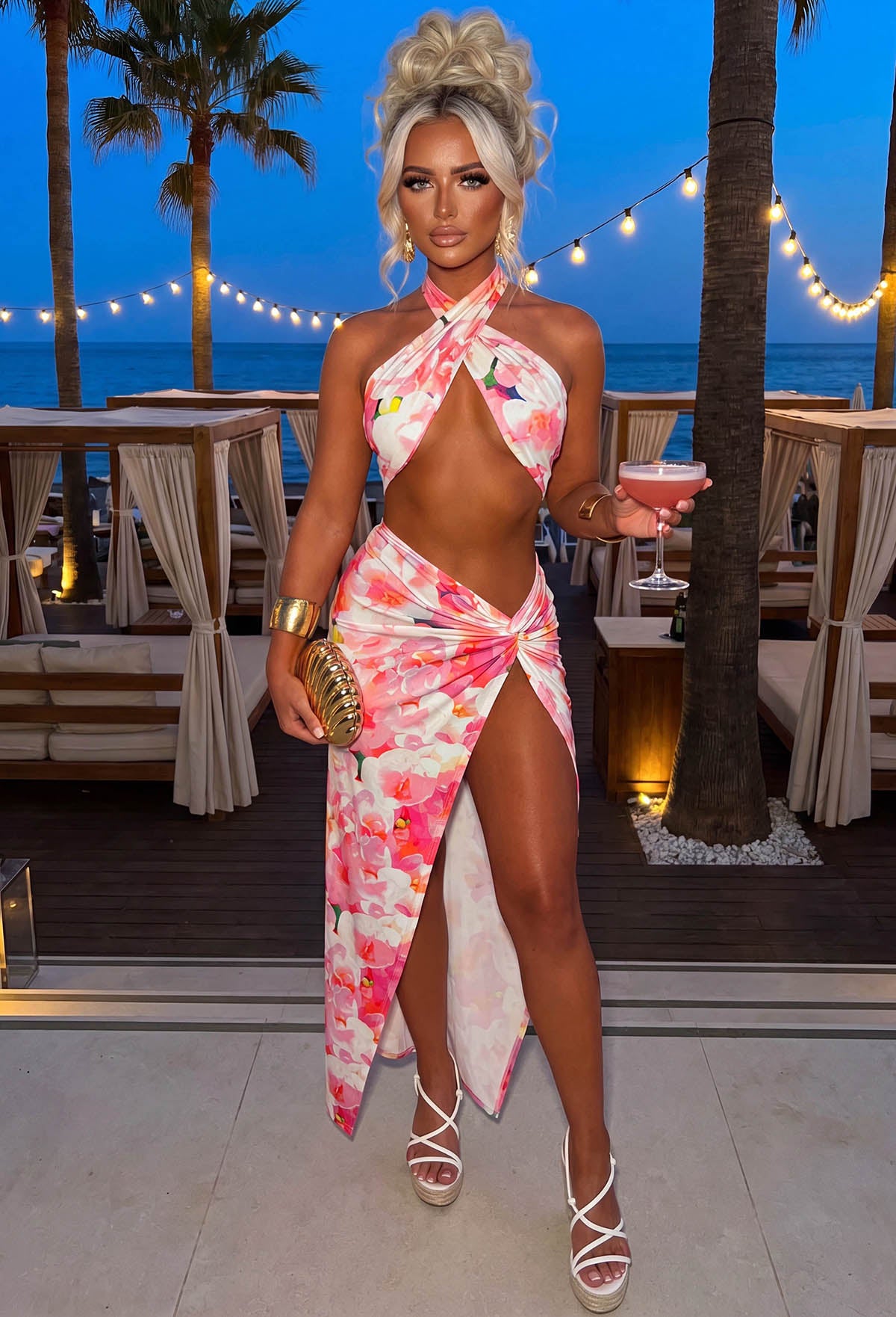 Your Paradise Pink Floral Halterneck Bandeau Midi Skirt Co-ord Set