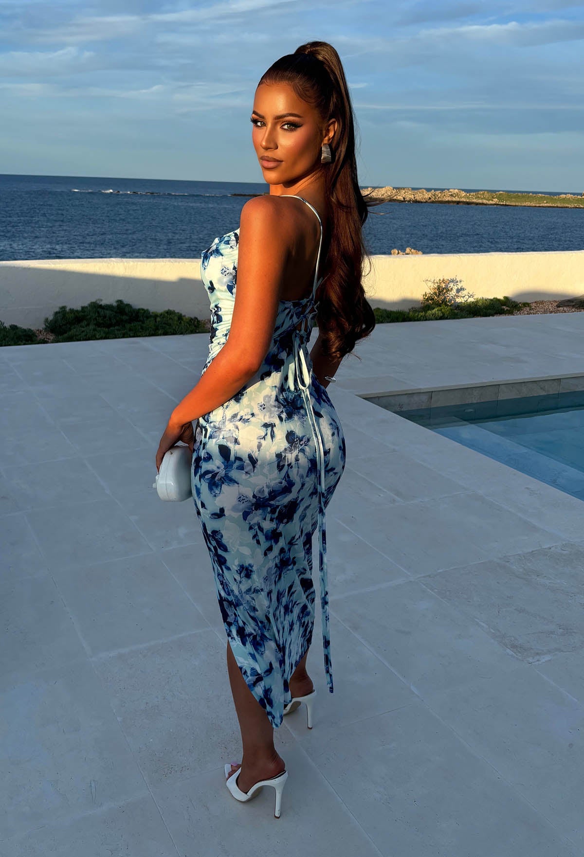 Your Secret Blue Floral Print Lace Up Midi Dress
