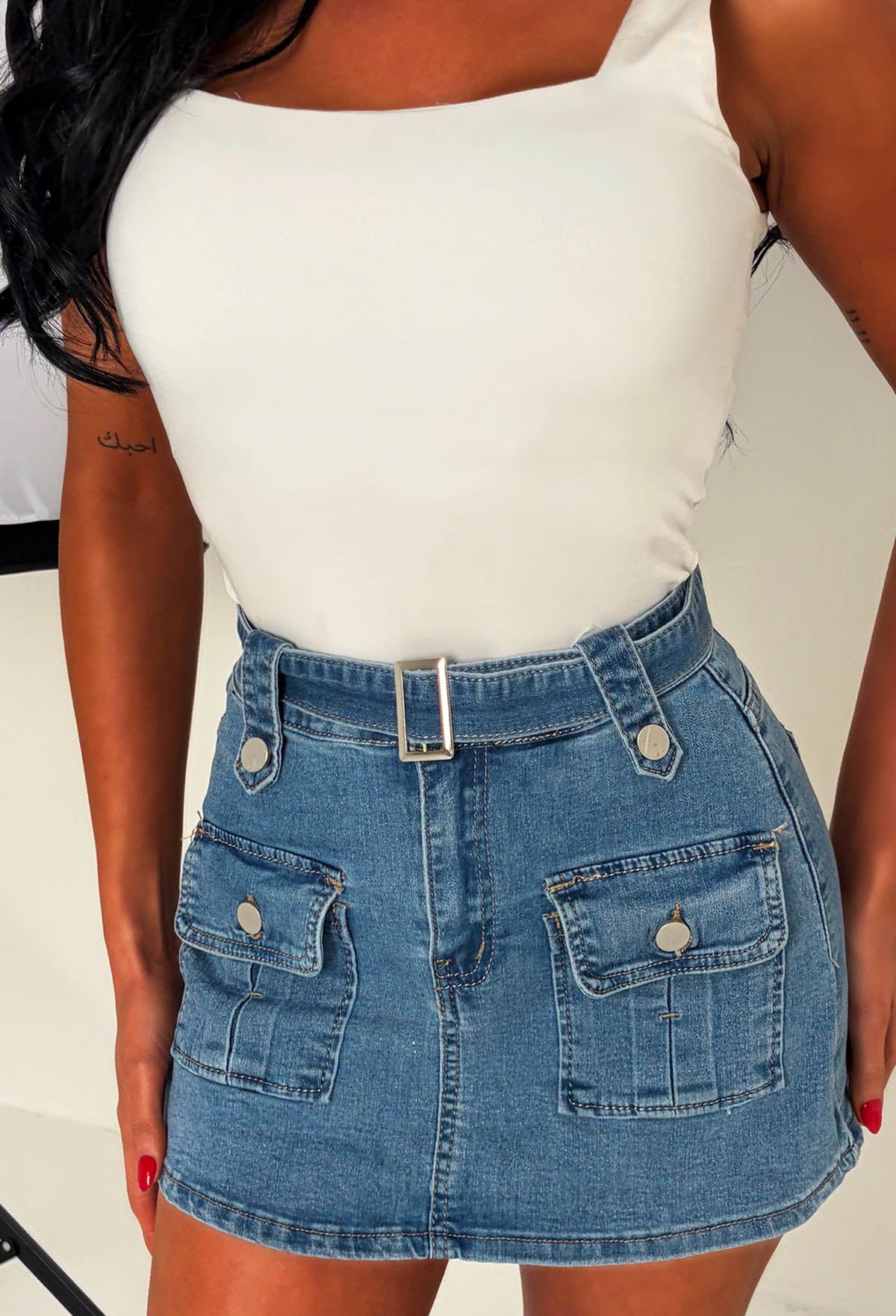 Your Trouble Mid Blue Cargo Belted Stretch Skort