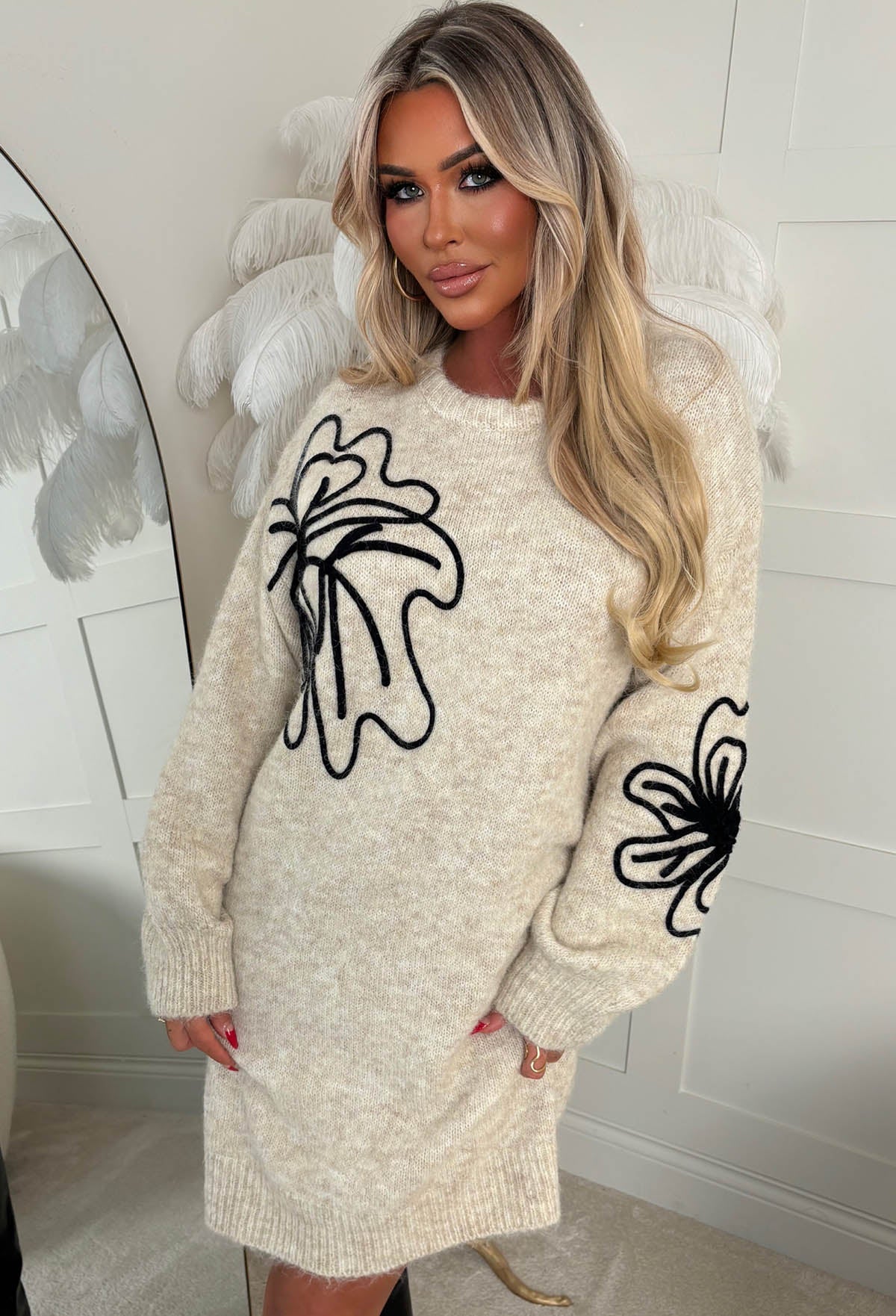 You're Adorable Beige Flower Knitted Jumper Dress