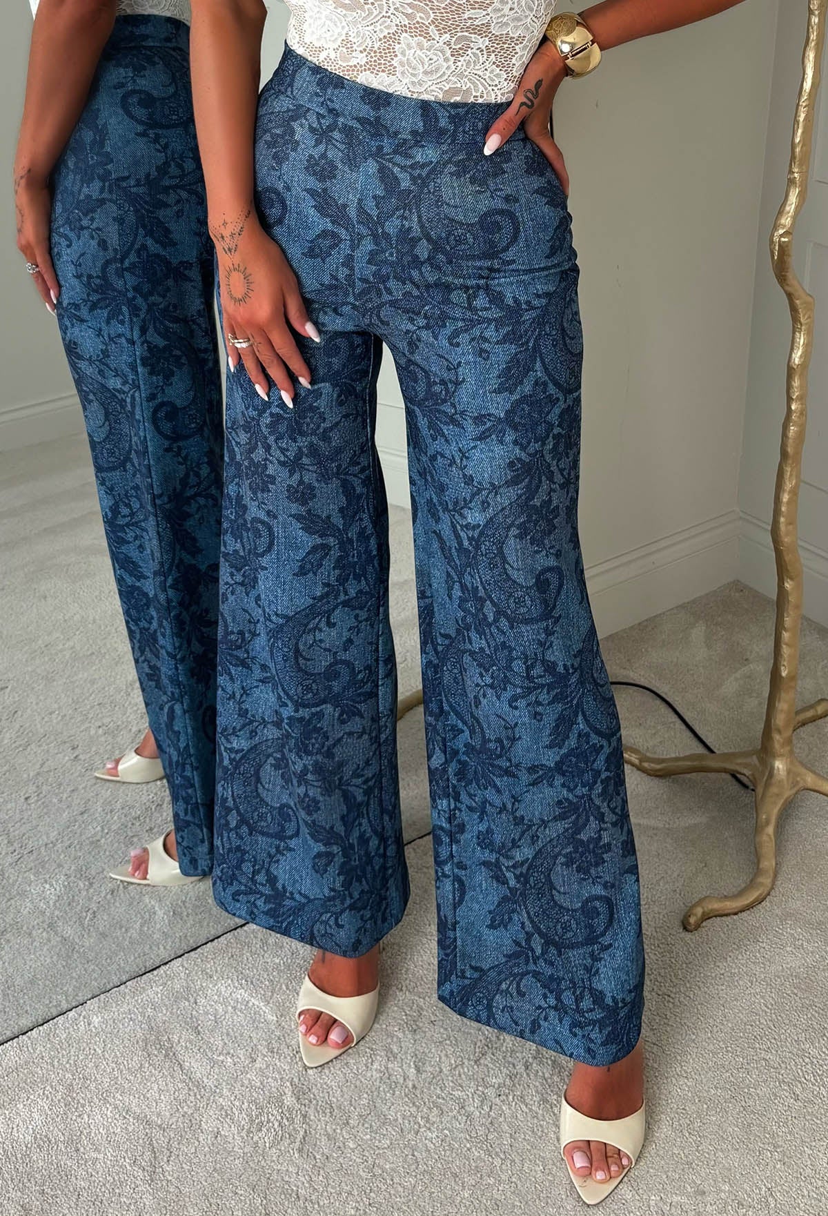 You're Fire Mid Blue High Waisted Wide Leg Printed Trousers