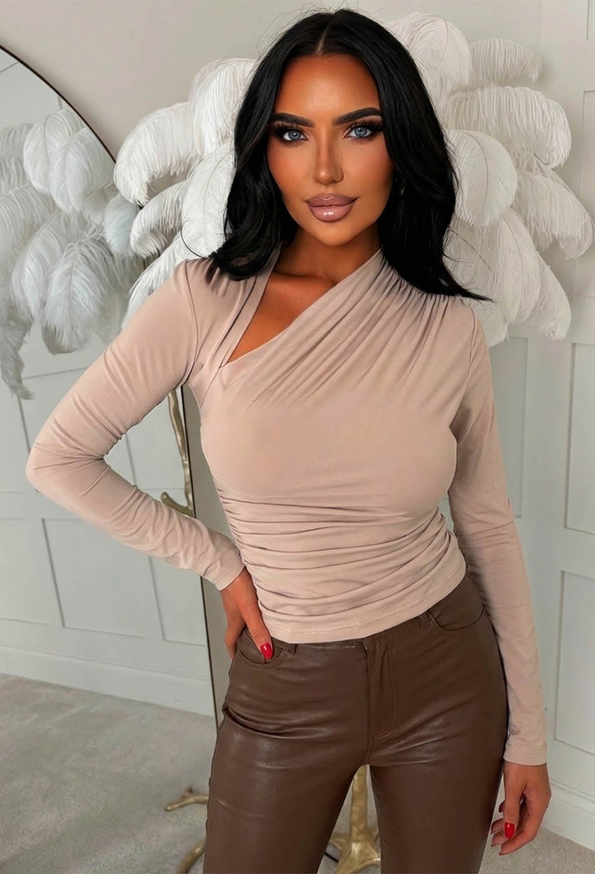 You're On My Agenda Beige Asymmetrical Neck Ruched Top