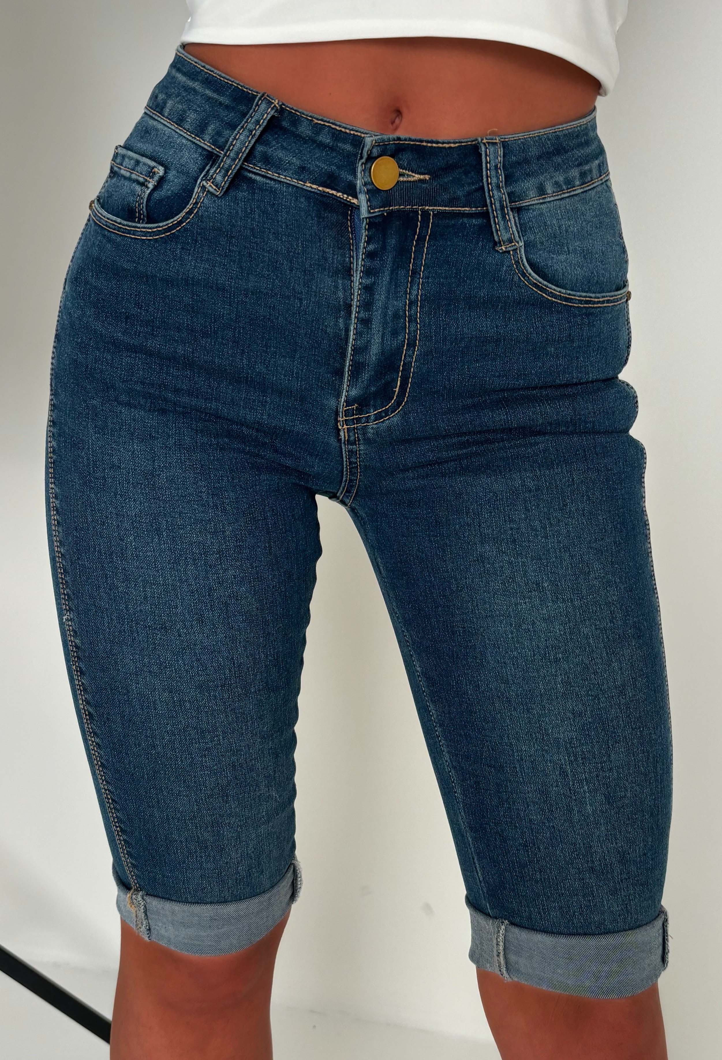 You're Untouchable Mid Wash Stretch Denim Capri Pants With Turn Up's
