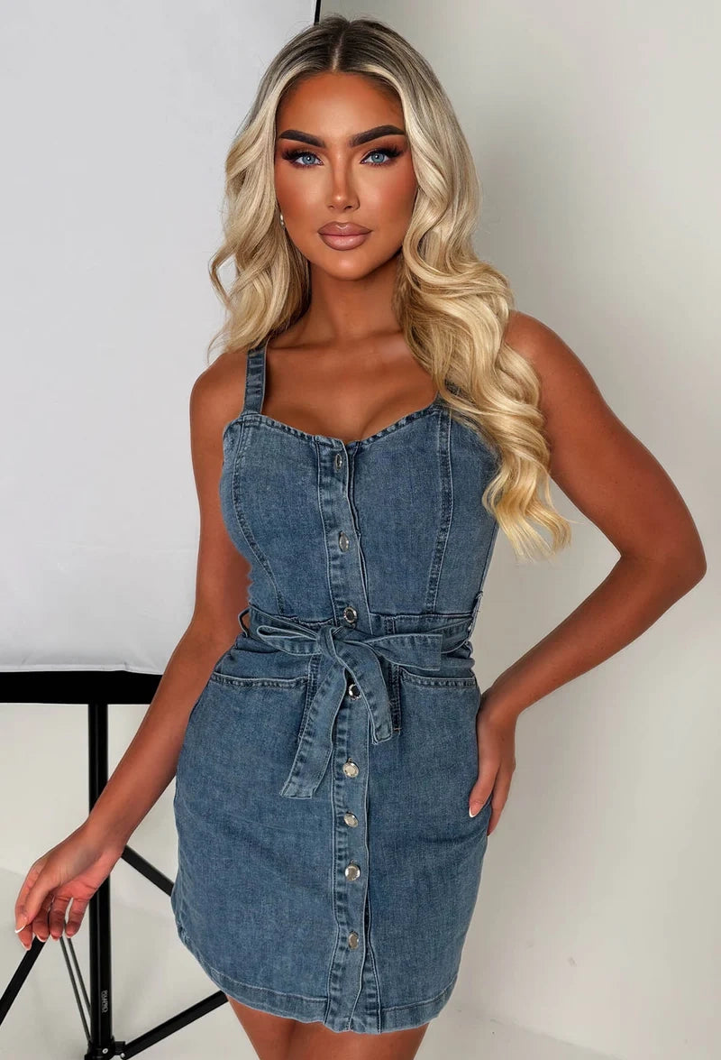 Yours Forever Mid Blue Stretch Denim Belted Mini Dress