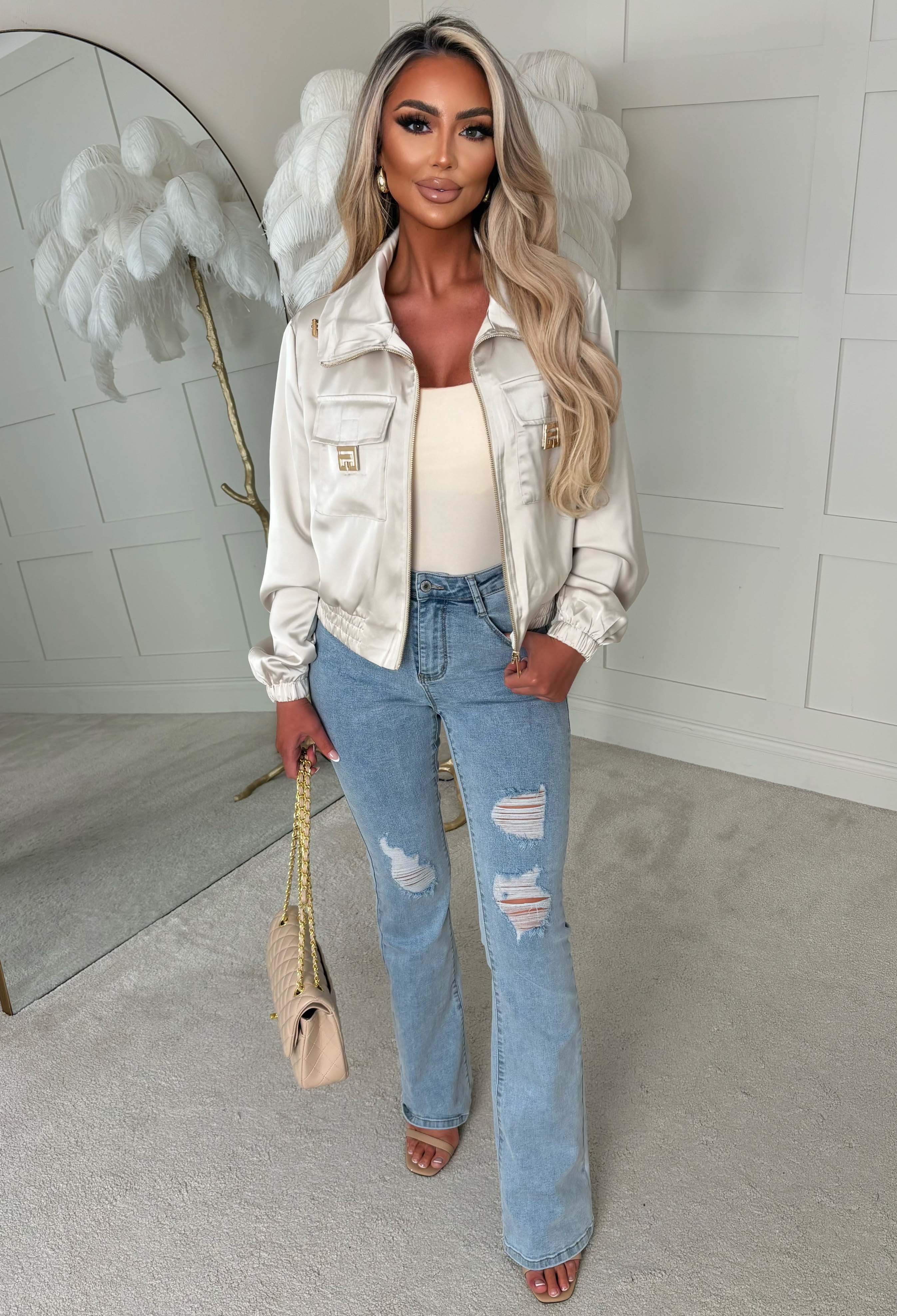 Zyla Cream Satin Hardware Jacket | Pink Boutique